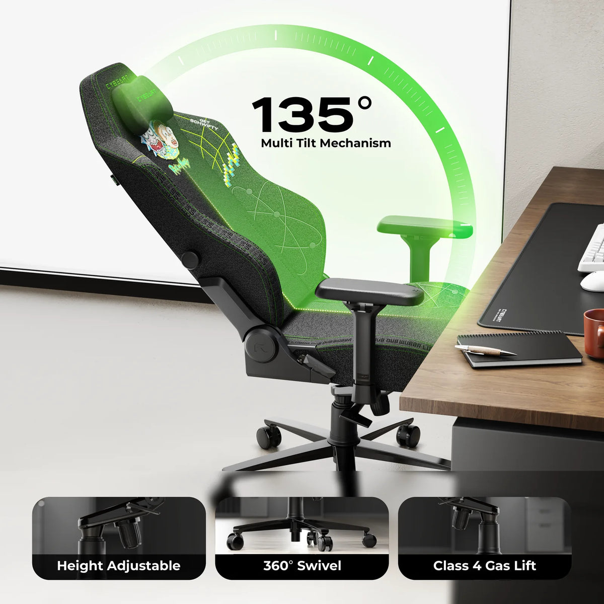 135° Recline: A BIFMA certified multi-tilt mechanism with a multi-angle lock and a Class 4 gas lift.