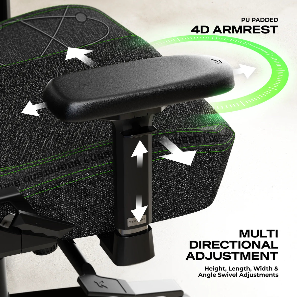 4D Armrests: Height, width, depth and rotation, under a padded concave top.