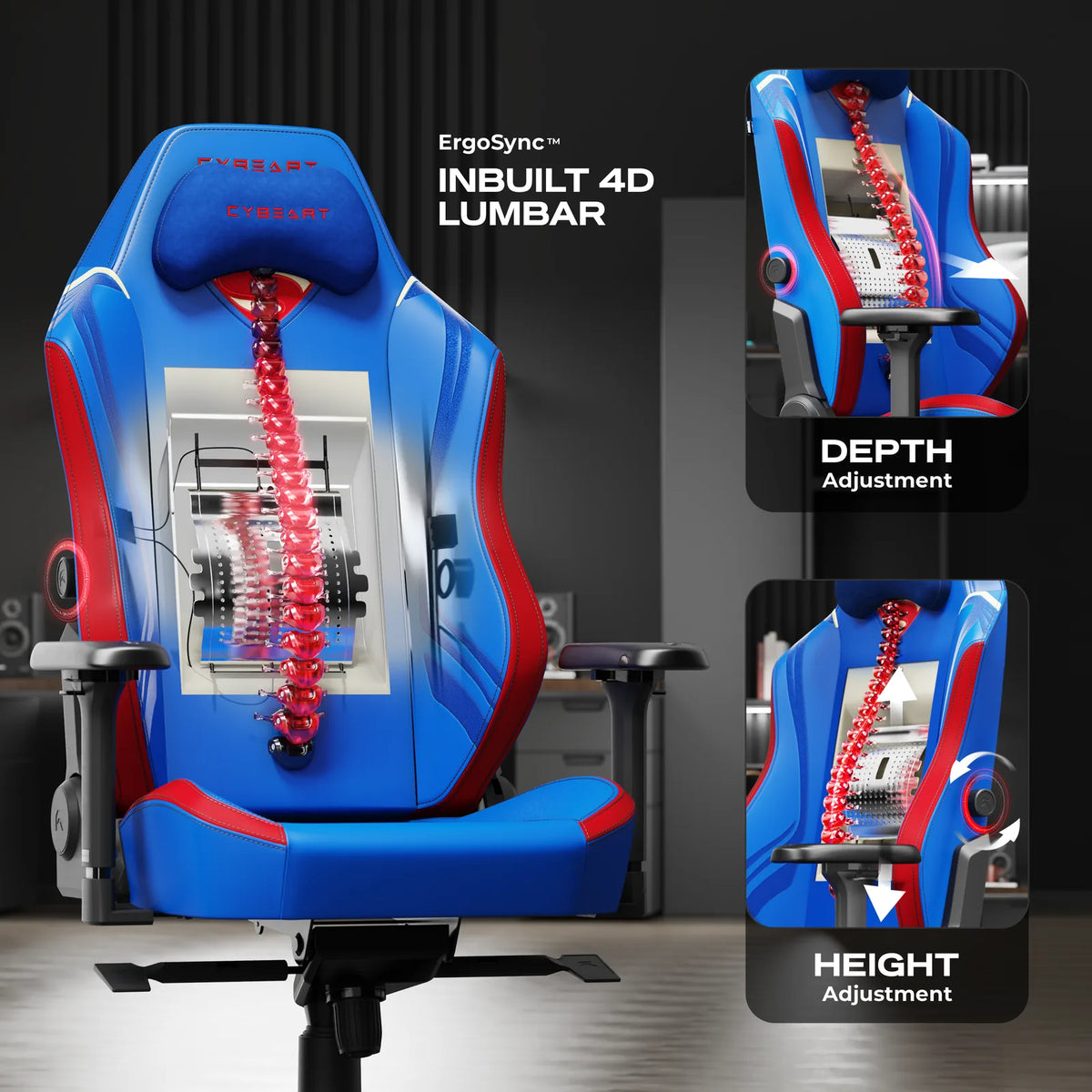 ErgoSync™ 4D Lumbar: Two knobs set its height and depth. It sits inside the backrest, with no pillow to slip.