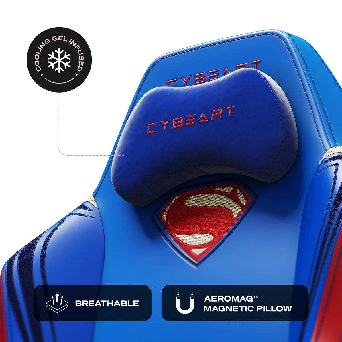 AeroMag™ Neck Pillow: Cooling-gel memory foam, held in place by magnets with no straps or clips.