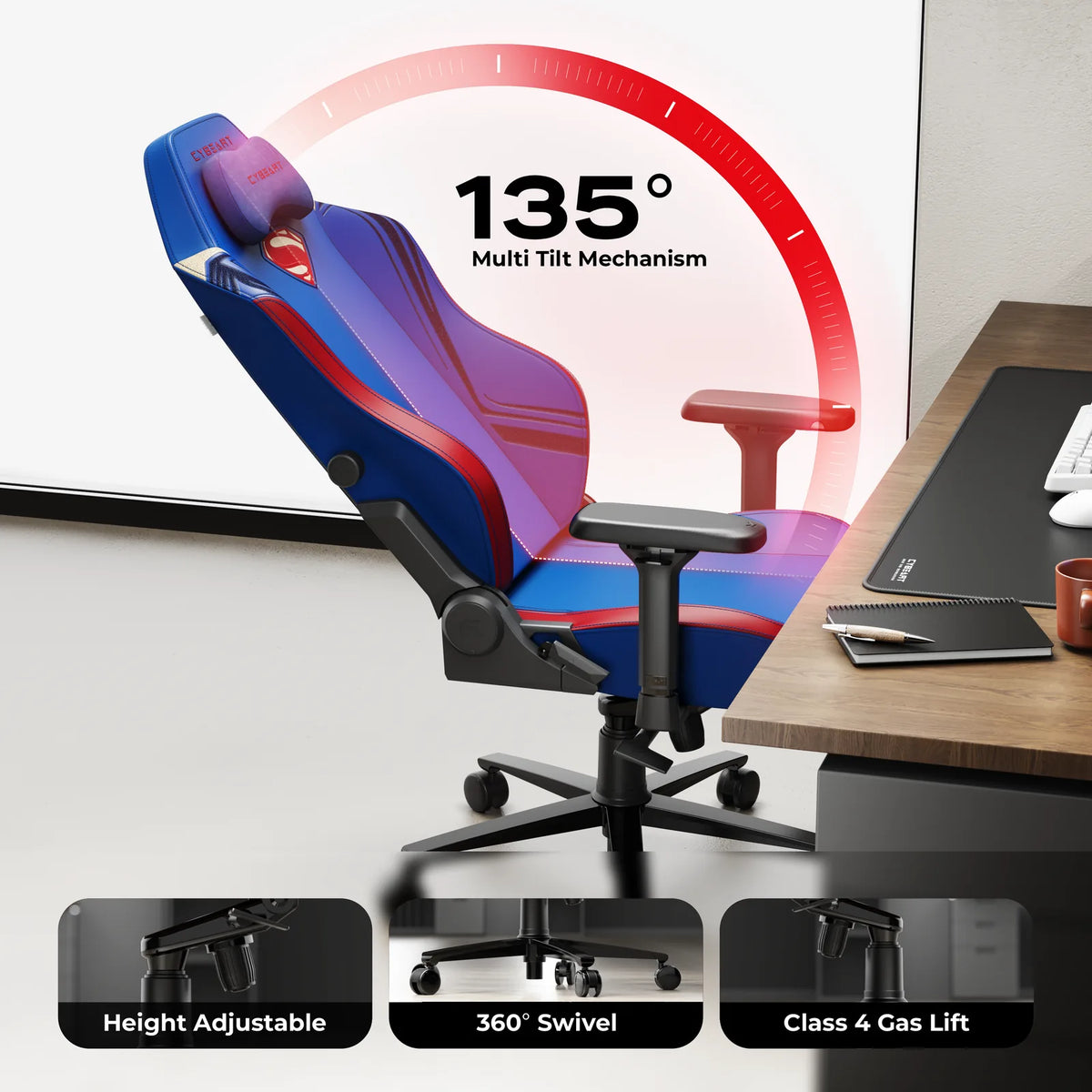 135° Recline: A BIFMA certified multi-tilt mechanism with a multi-angle lock and a Class 4 gas lift.