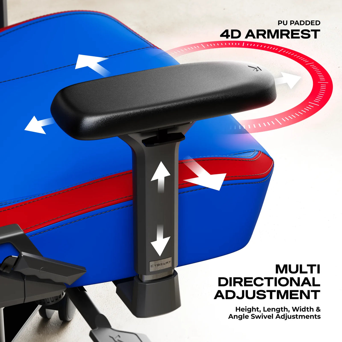 4D Armrests: Height, width, depth and rotation, under a padded concave top.
