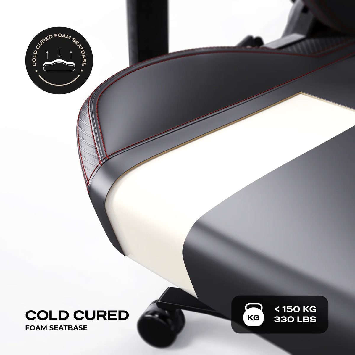 Cold-Cured Foam: High-density moulded foam in the seat and the backrest, on a chair rated to 150 kg.