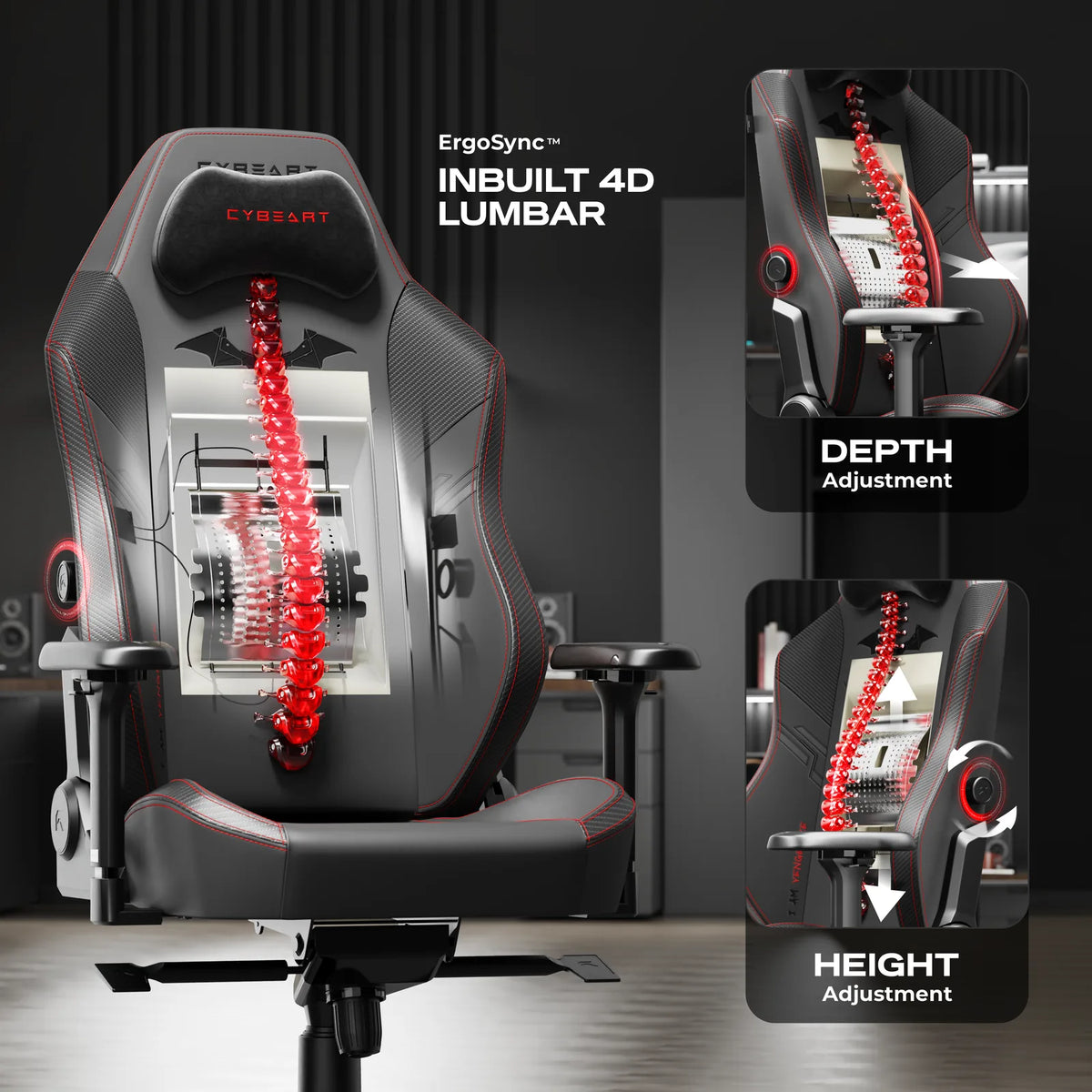 ErgoSync™ 4D Lumbar: Two knobs set its height and depth. It sits inside the backrest, with no pillow to slip.