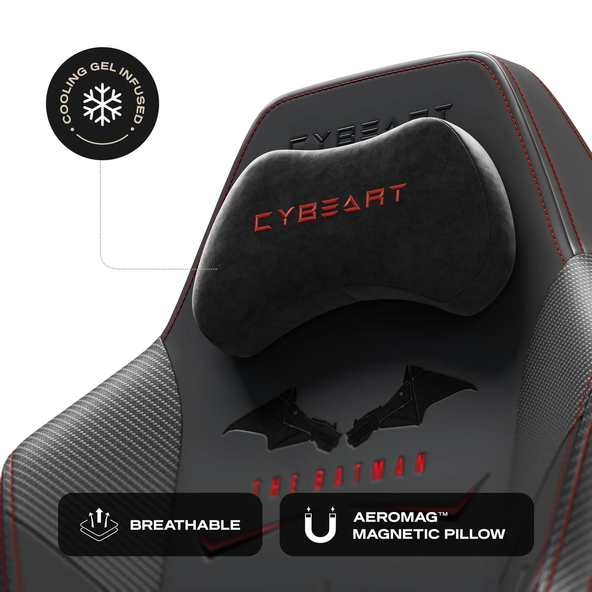 AeroMag™ Neck Pillow: Cooling-gel memory foam, held in place by magnets with no straps or clips.