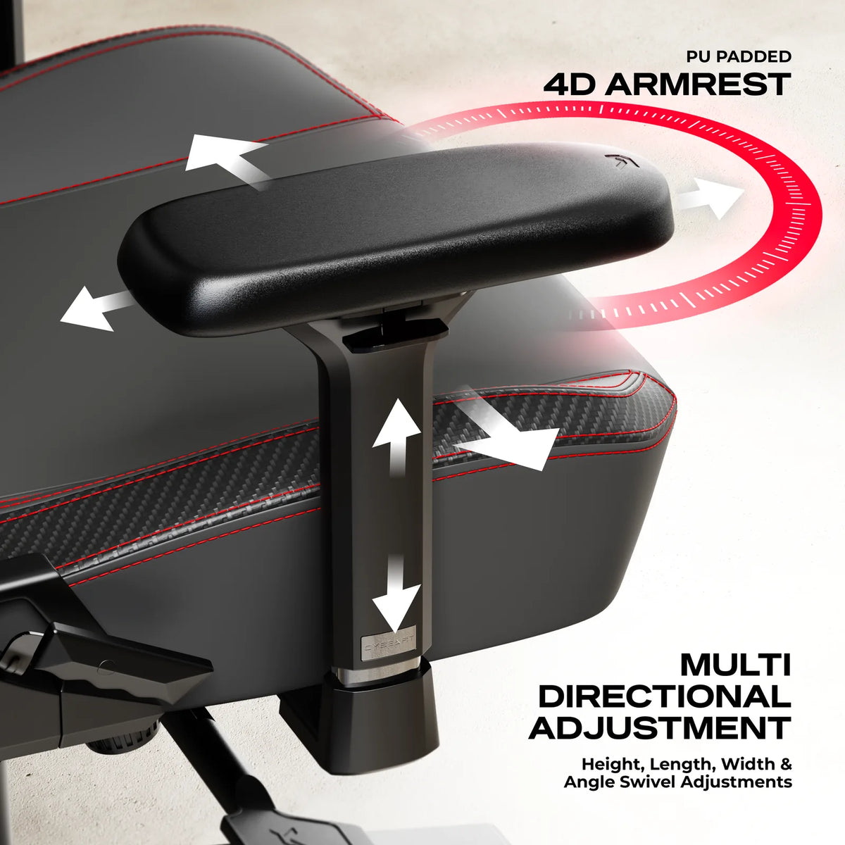 4D Armrests: Height, width, depth and rotation, under a padded concave top.