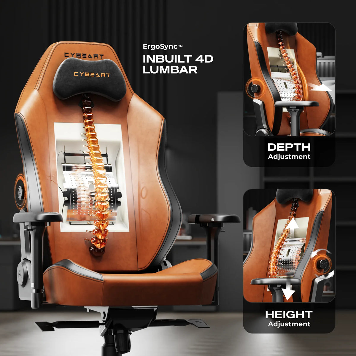 ErgoSync™ 4D Lumbar: Two knobs set its height and depth. It sits inside the backrest, with no pillow to slip.