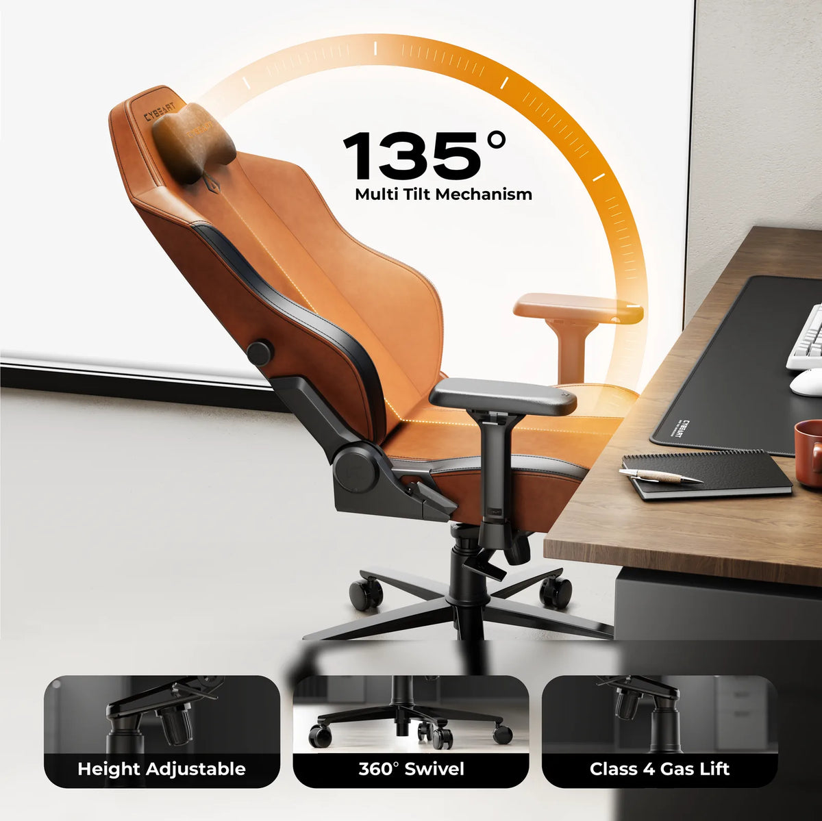 135° Recline: A BIFMA certified multi-tilt mechanism with a multi-angle lock and a Class 4 gas lift.