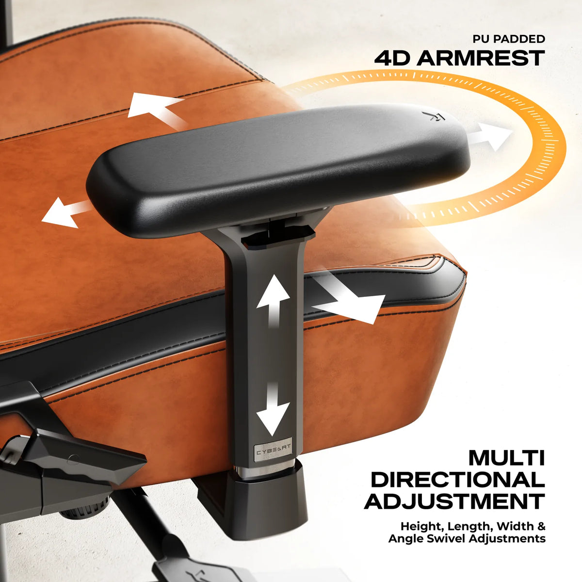 4D Armrests: Height, width, depth and rotation, under a padded concave top.