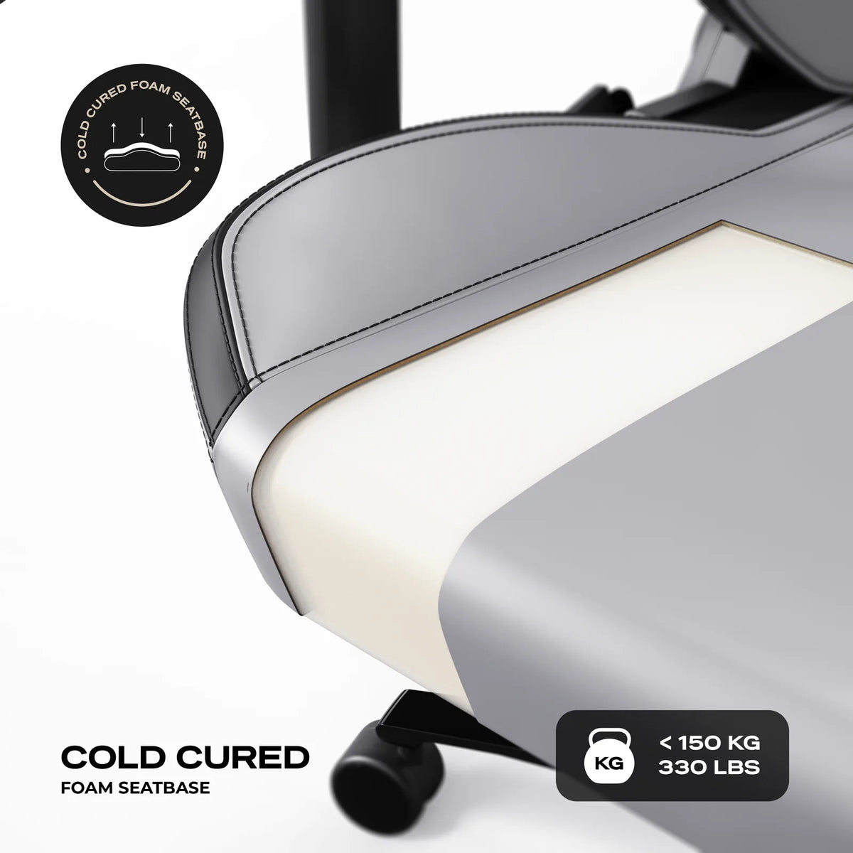 Cold-Cured Foam: High-density moulded foam in the seat and the backrest, on a chair rated to 150 kg.