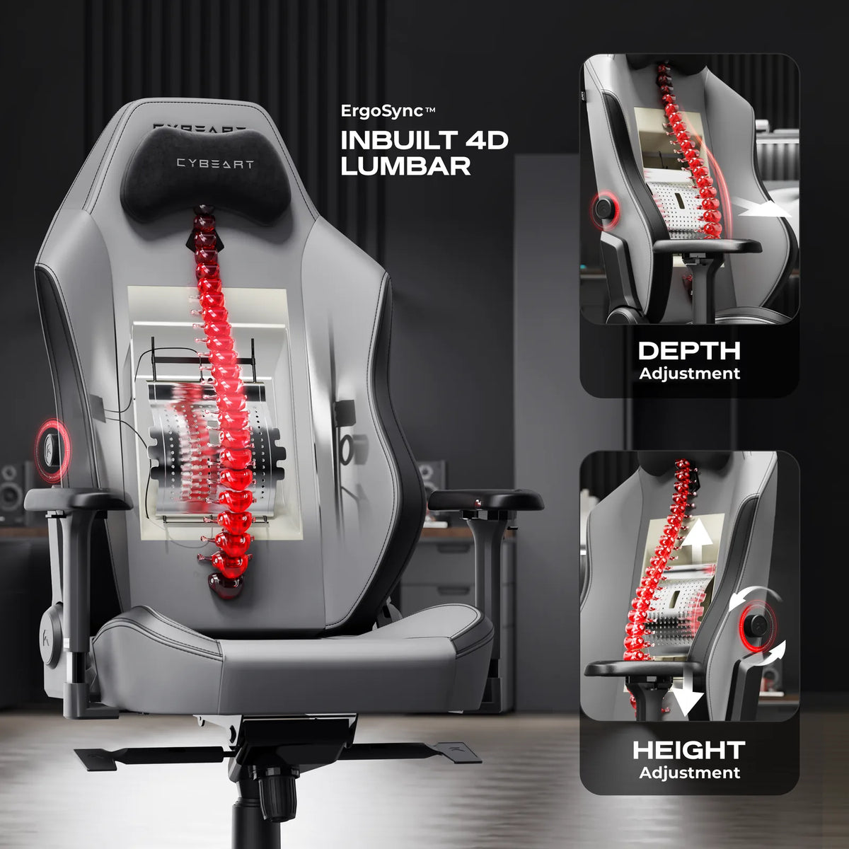 ErgoSync™ 4D Lumbar: Two knobs set its height and depth. It sits inside the backrest, with no pillow to slip.