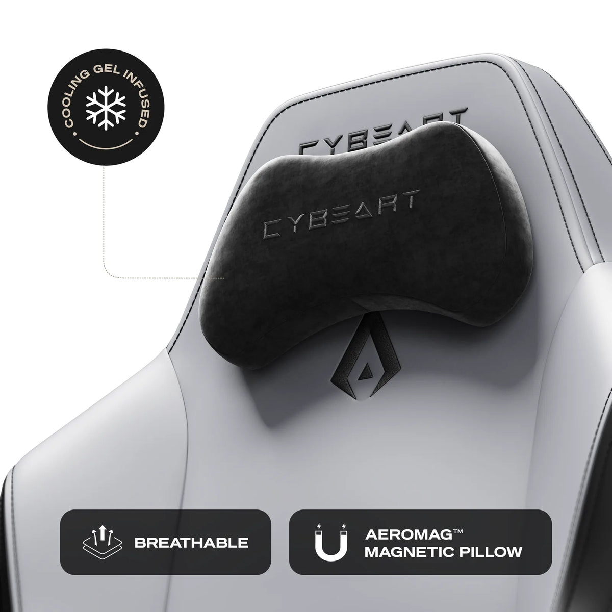 AeroMag™ Neck Pillow: Cooling-gel memory foam, held in place by magnets with no straps or clips.