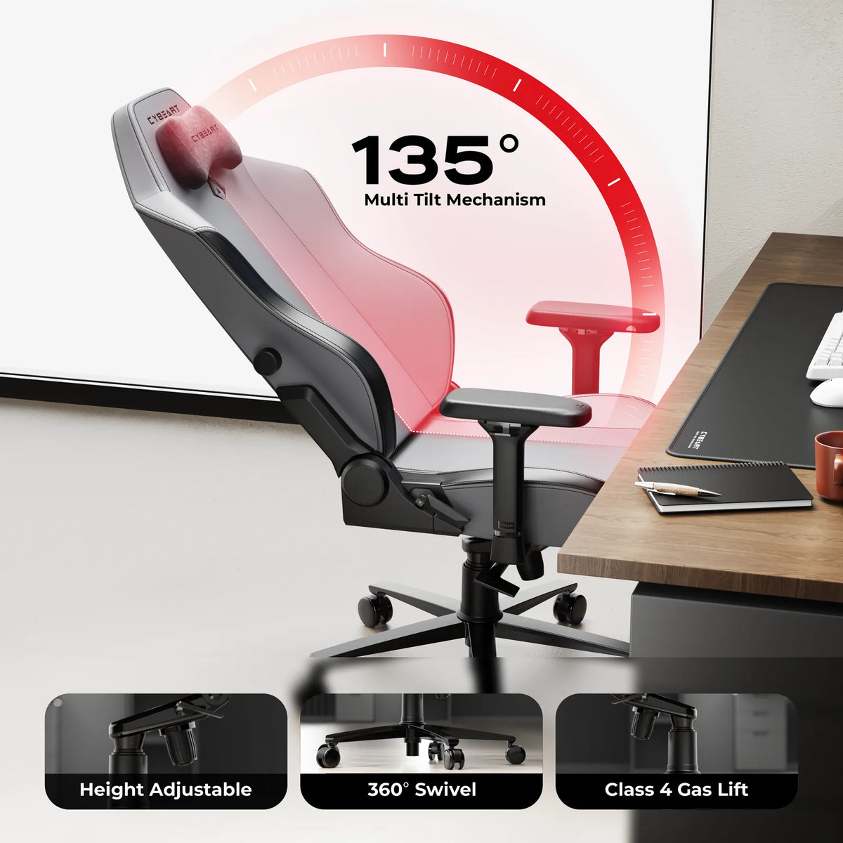 135° Recline: A BIFMA certified multi-tilt mechanism with a multi-angle lock and a Class 4 gas lift.