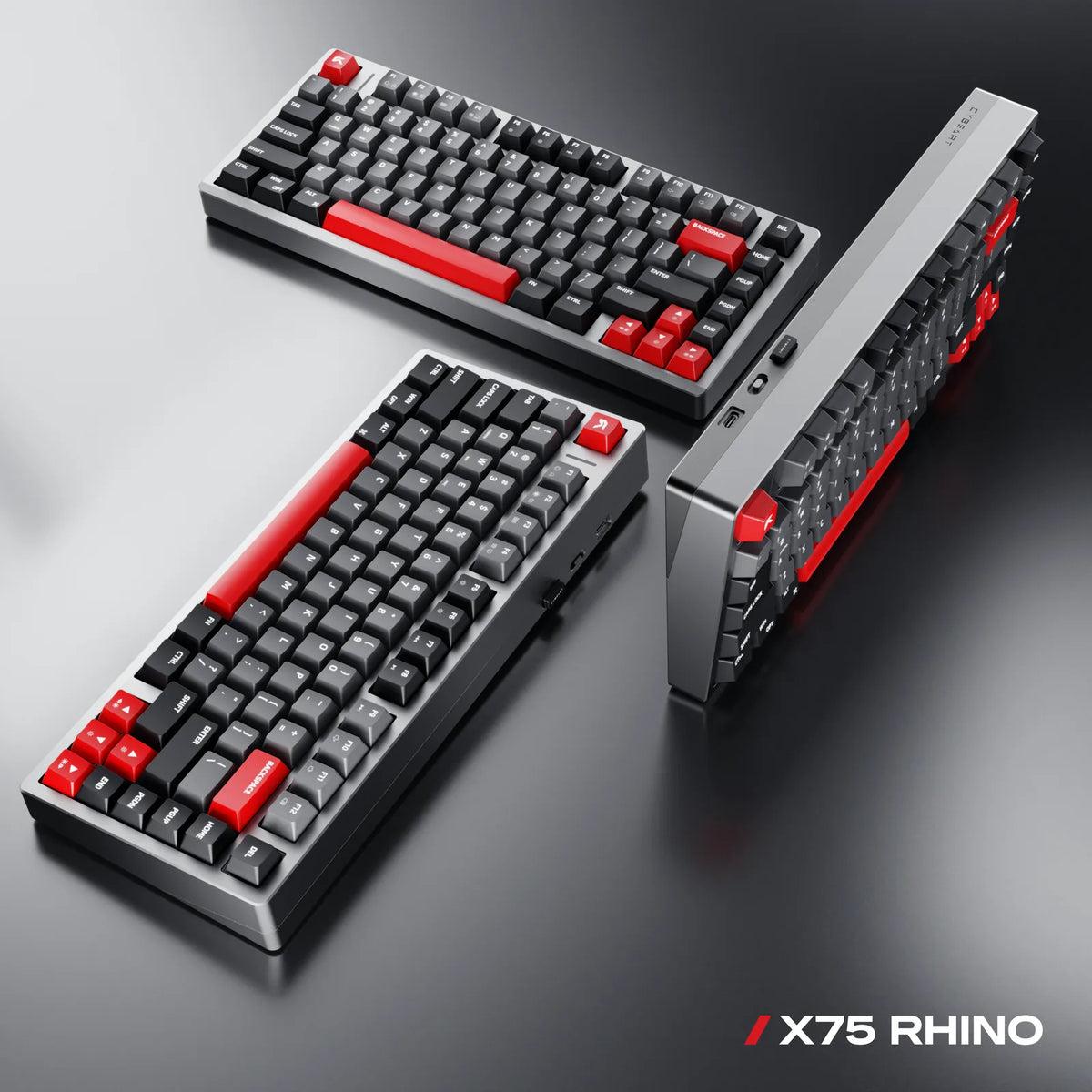 Signature Colourway: Red accent keys over mid-gray and dark keys, on a machined aluminium case at 1665 g.