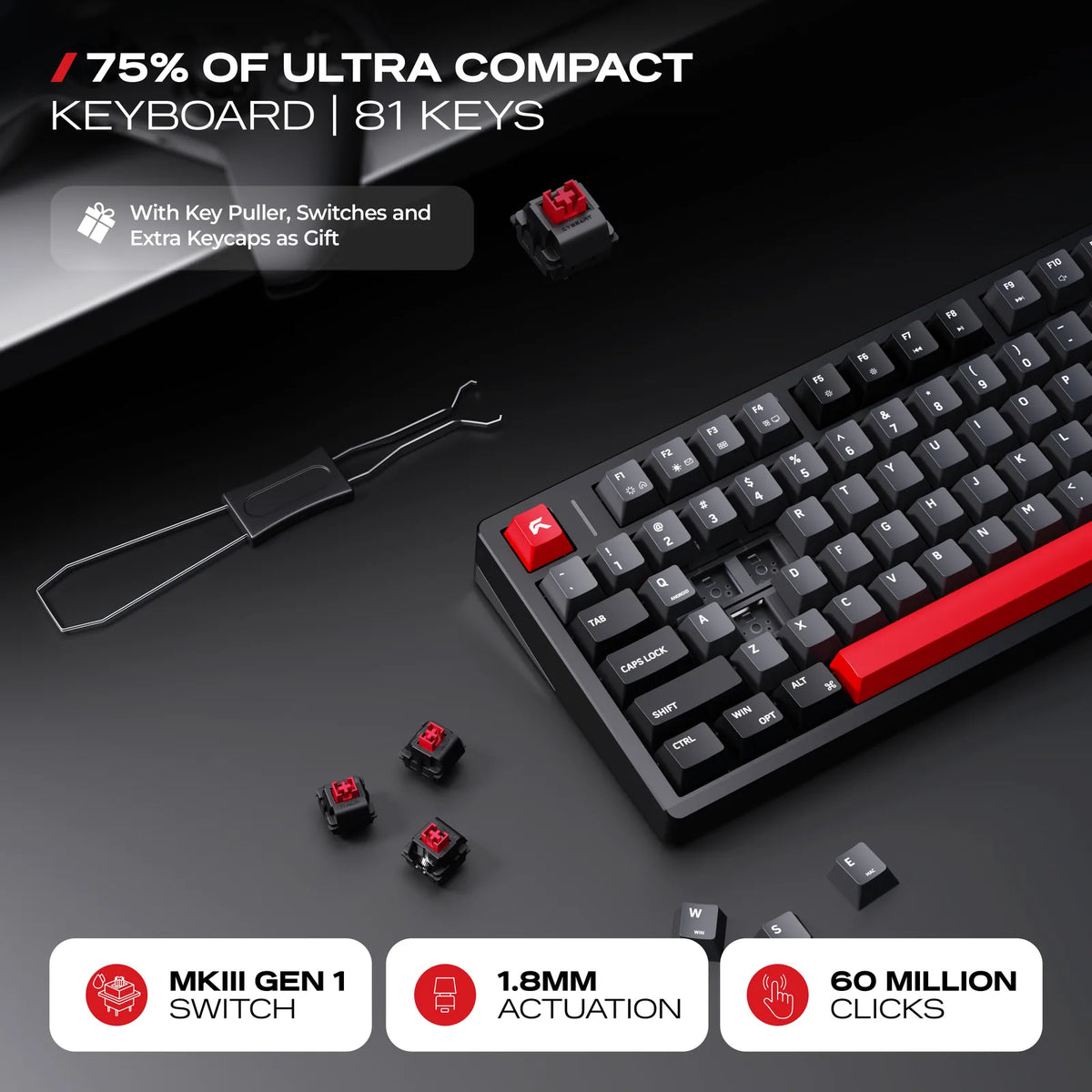75%, 81 Keys: Wireless on Bluetooth 5.1 or 2.4 GHz, wired on a 1.9 m coiled USB-C cable.