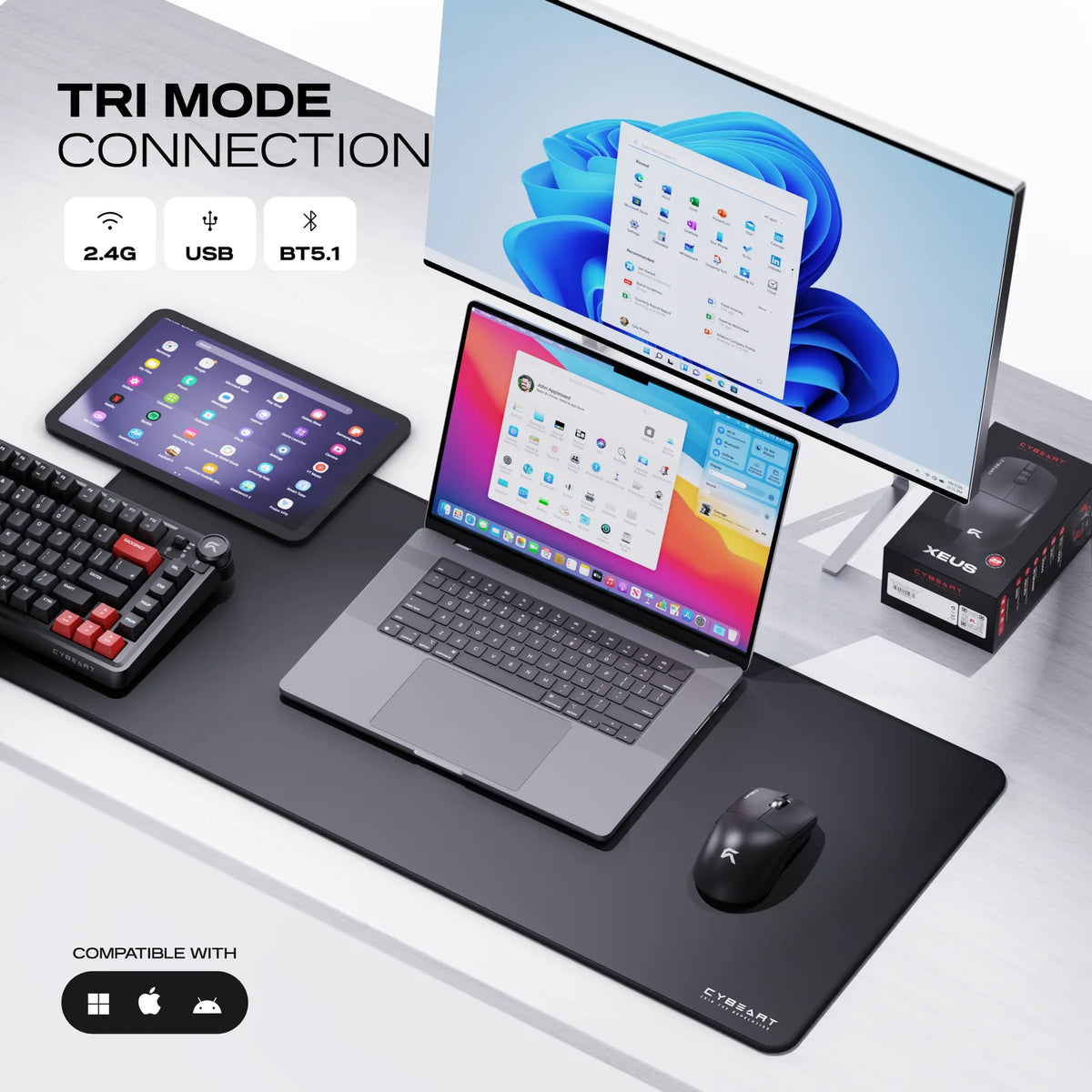 Wireless or Wired: 2.4 GHz with the 8K receiver, Bluetooth 5.1 or USB-C wired. One mouse for every device, with a 10 m range.