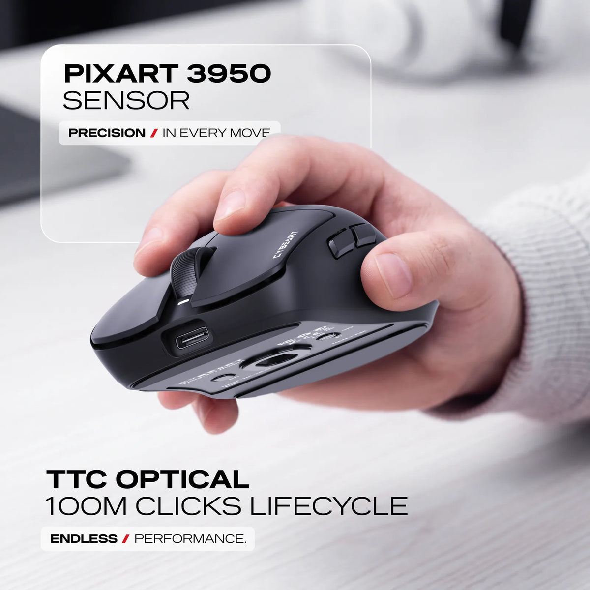 PixArt 3950: Up to 42,000 DPI, 750 IPS and 50 G. TTC optical switches rated for 100 million clicks.