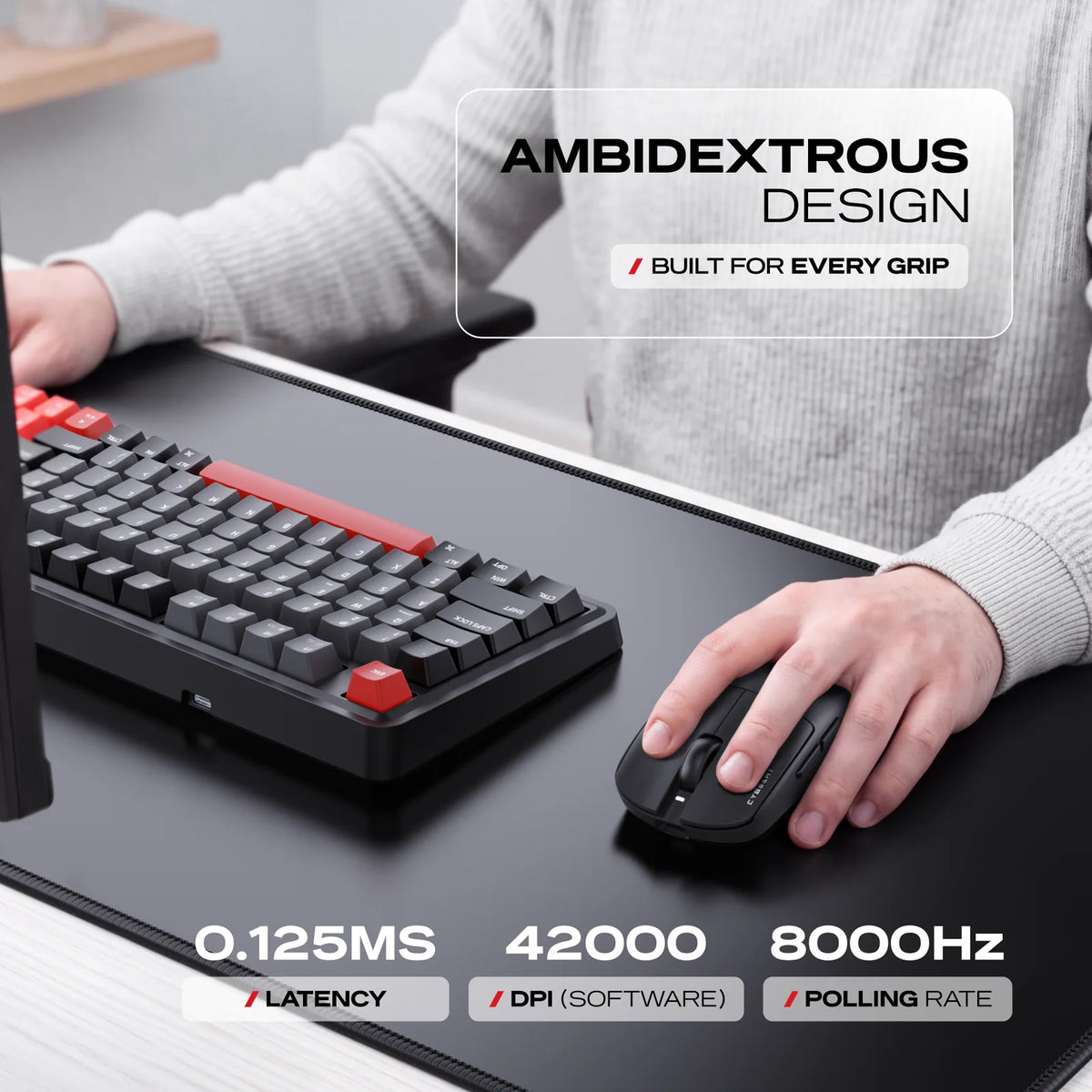 True 8000 Hz: 0.125 ms latency, wired or wireless. The shape is ambidextrous.