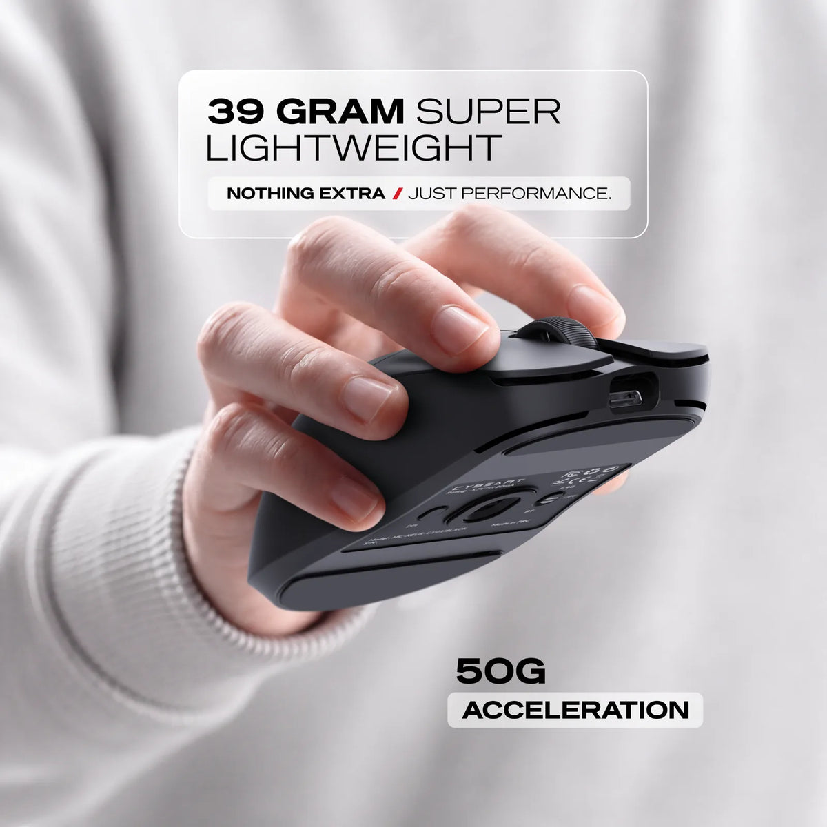 39 g: Our lightest mouse. PTFE feet, with a full spare set in the box.